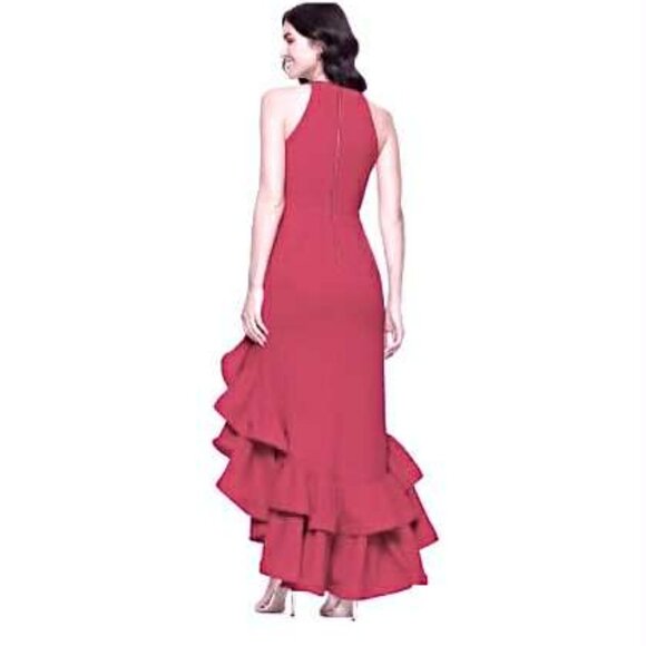 BETSY & ADAM Arielle Ruffle Slit Scuba Crepe High\Low Gown Fuchsia 4P MSRP $269 - Picture 2 of 6